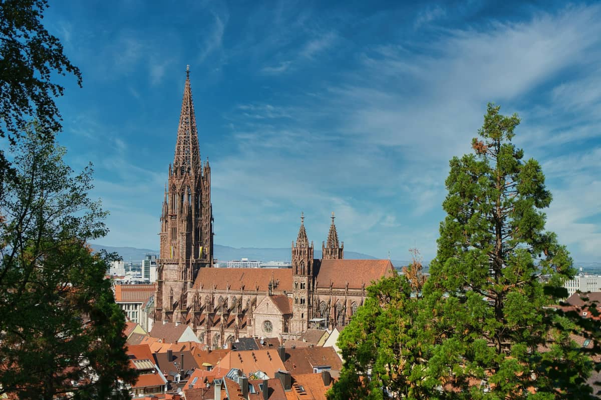 Blick über die Altstadtdächer von Freiburg im Breisgau auf das Münster